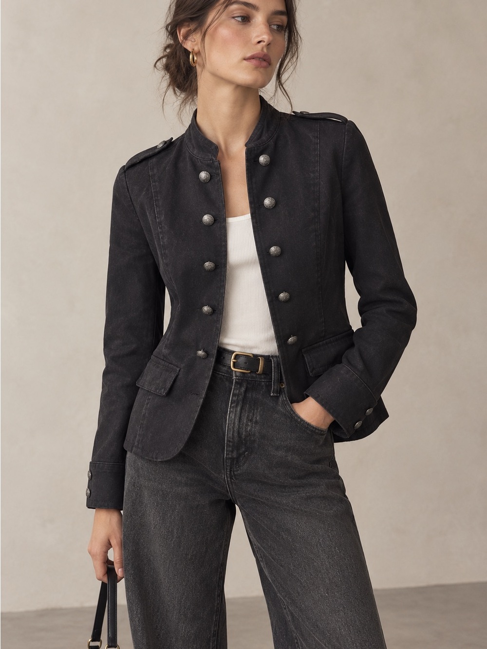 Black Military-Style Button Front Jacket in Washed Black - Size S
